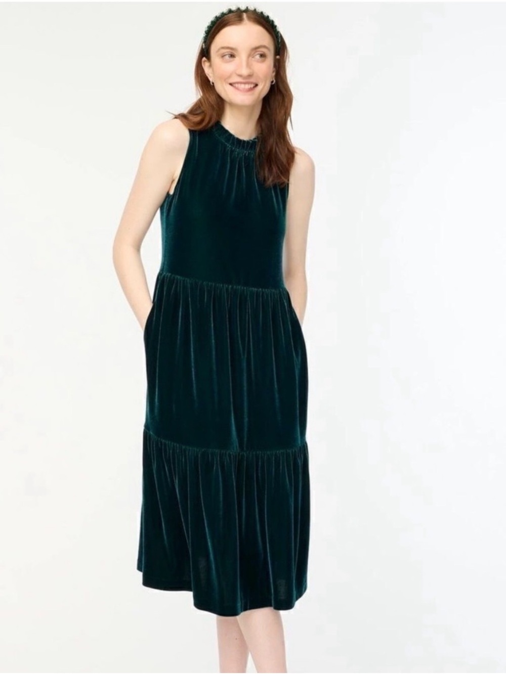 J. Crew Dark Green Velvet Midi Dress